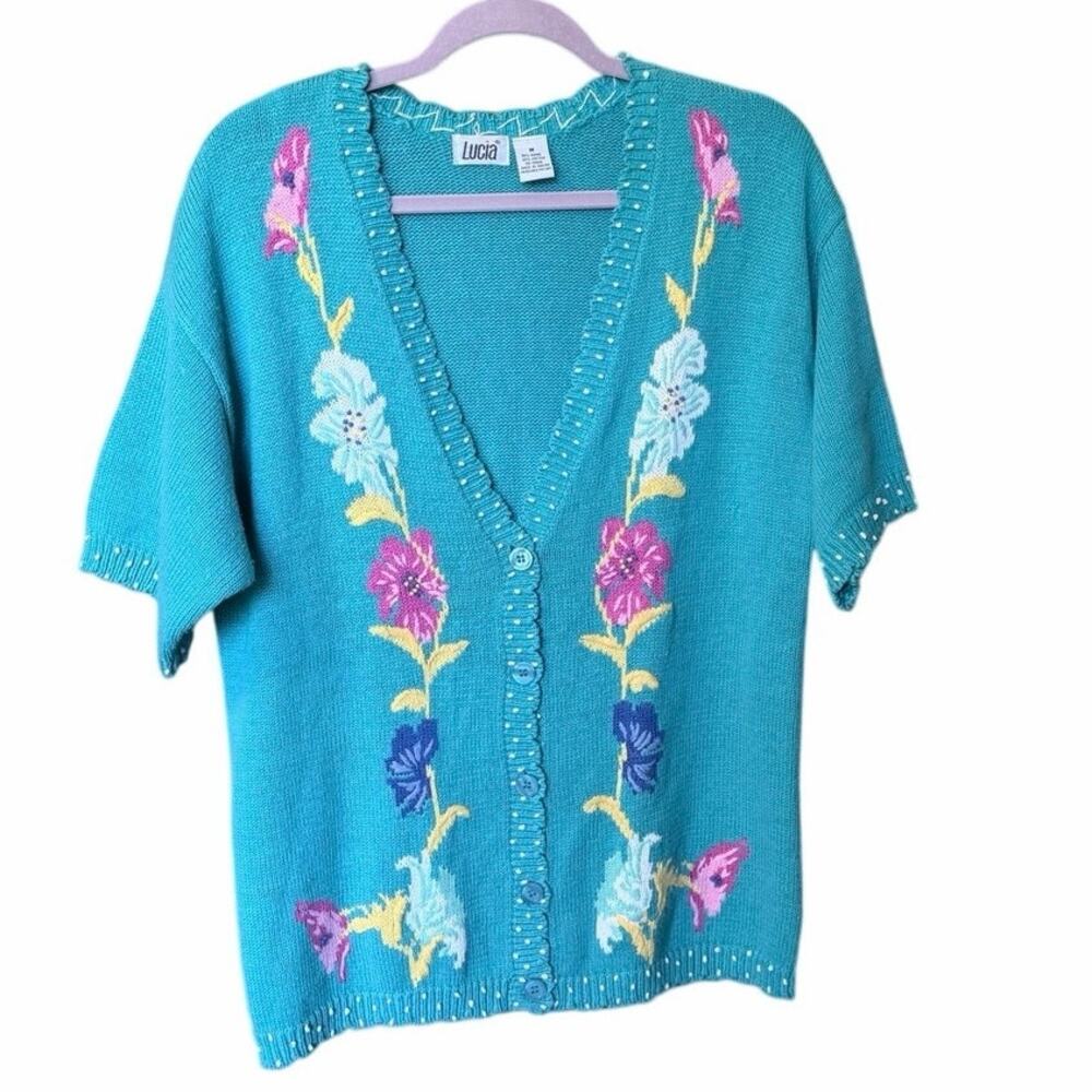 Vintage Lucia teal blue button front short sleeve knit sweater cotton ramie M
